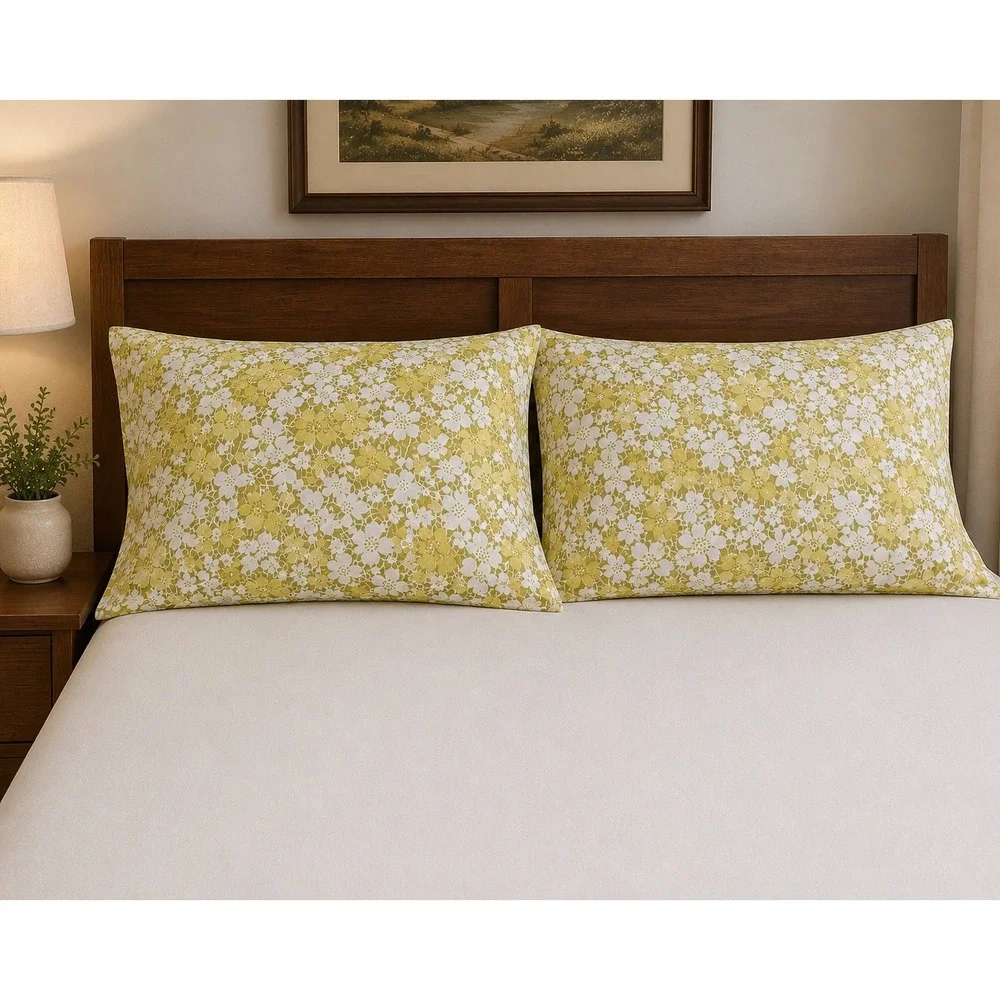 Vintage Standard Pillowcases Pair Green Yellow Floral Retro 60s 70s Bedding